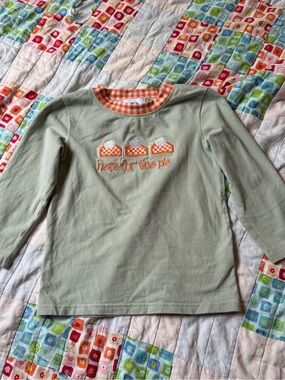 Kids Green Long-Sleeve Top with Orange Gingham Trim and Pumpkin Pie Design